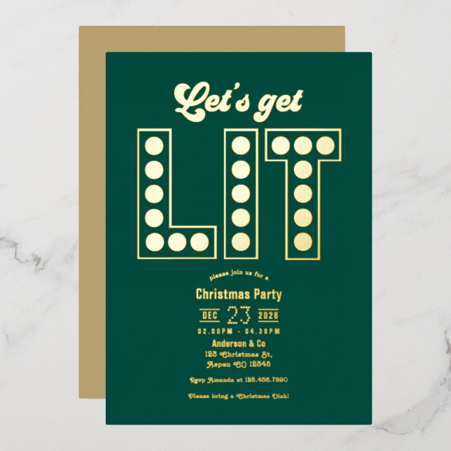 Emerald Elegance Get Lit Retro Christmas Party Foil Invitation (Front/Back)