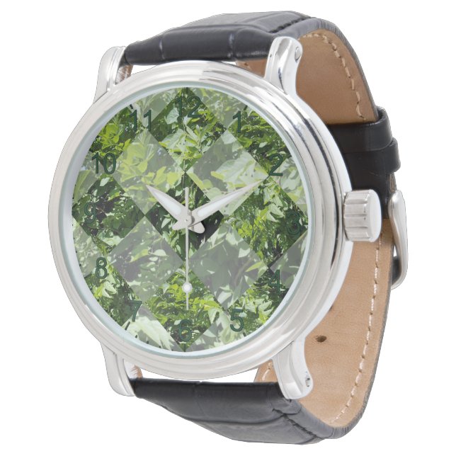 Emerald Elegance: Green Leaves in Diamond Cut, Watch (Angled)