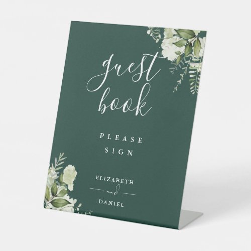 Emerald Elegant Floral Greenery Guest Book Pedestal Sign