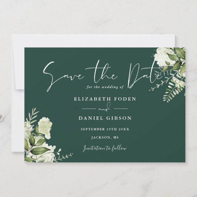 Emerald Elegant Greenery Floral Photo Wedding Save The Date (Front)