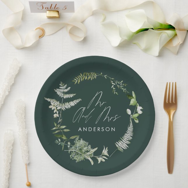 Emerald elegant modern botanical script wedding paper plates (Wedding)