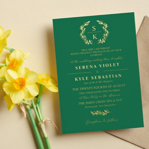 Emerald Elegant Typography Laurel Wreath Monogram Foil Invitation