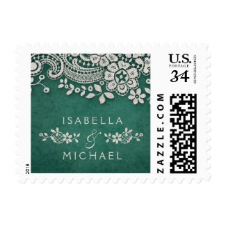 Emerald elegant vintage lace rustic wedding postage stamps at UniqueRusticWeddingInvitations.com