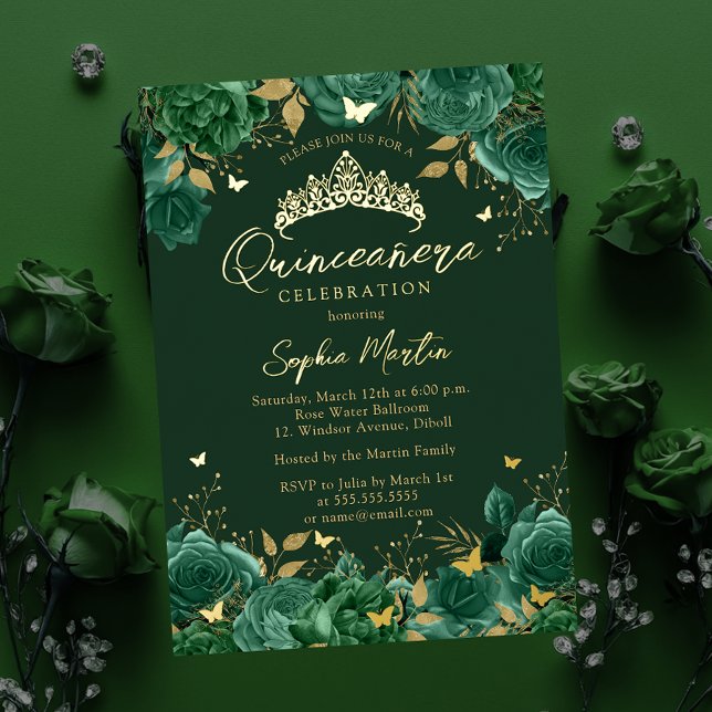 Emerald Enchanting Floral Butterfly Quinceanera Foil Invitation (Creator Uploaded)