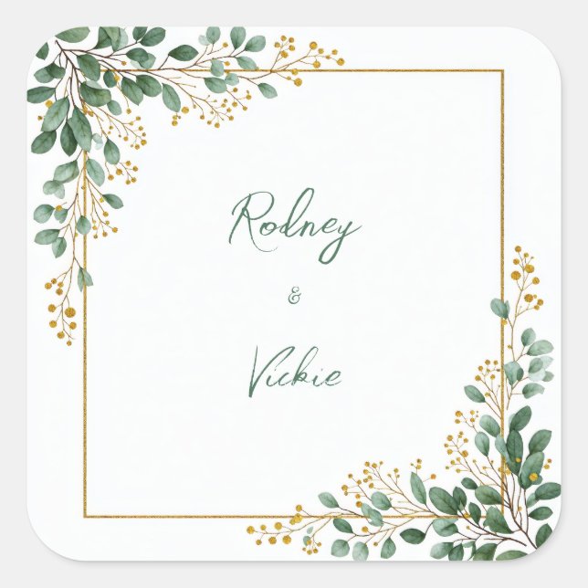 Emerald Eucalyptus Gold Berry Frame Wedding Square Sticker (Front)