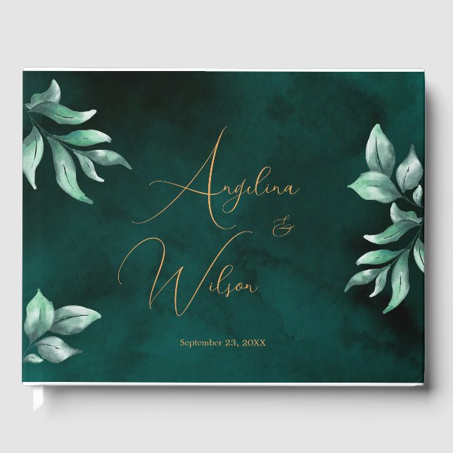 Emerald Eucalyptus Greenery Gold Script Wedding Guest Book (Front)