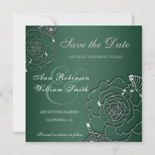 Emerald Evergreen Silver Elegant Wedding Save The Date
