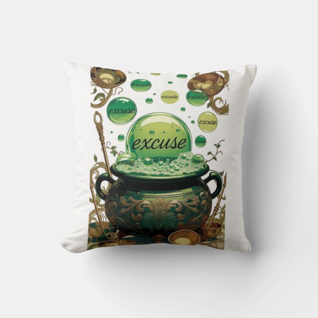 Emerald Excuses Cauldron Graphic Tee Throw Pillow (Front)