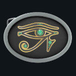Emerald Eye of Ra in Gold Belt Buckle<br><div class="desc">Beautiful and elegant "Eye of Ra" symbol from ancient Egypt, the symbol of their diety. Gold channels set with beautiful precious stones, perfect for any fan of Egyptian art. Change the background color by going to Customize it, then Edit, then down to Background, where you can choose from many different...</div>