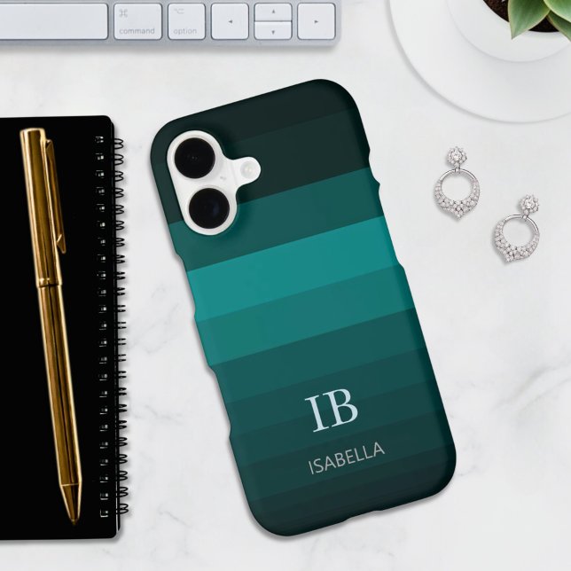 Emerald Fade Gradient Color Stripes with Monogram iPhone Case (Creator Uploaded)