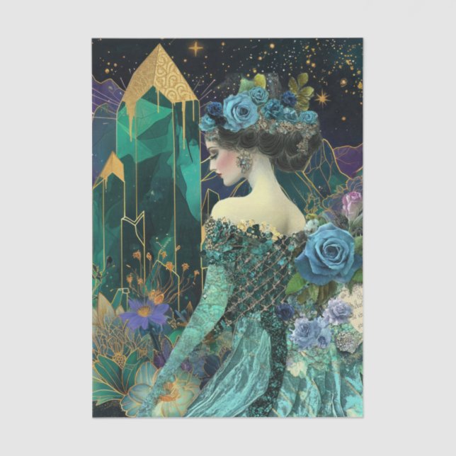 Emerald Fantasy Woman Crystals Florals  Decoupage Tissue Paper (Front)