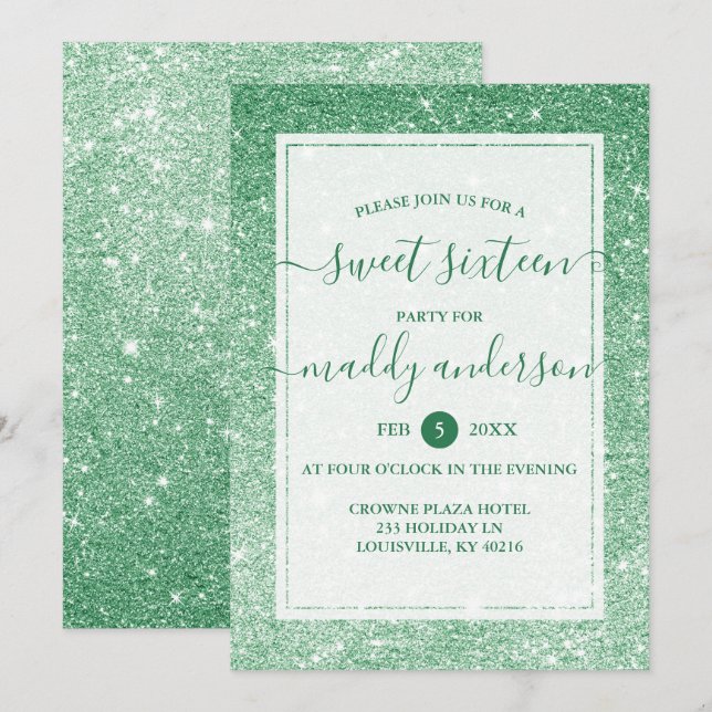 Emerald Faux Glitter Elegant Sweet 16 Birthday Invitation (Front/Back)