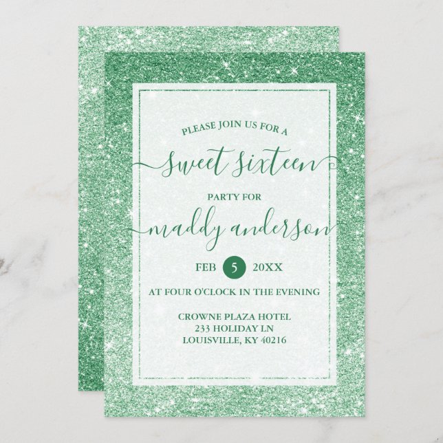 Emerald Faux Glitter Elegant Sweet 16 Birthday Invitation (Front/Back)