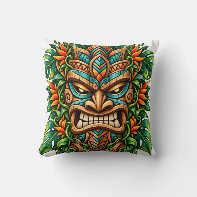 Emerald Fern Tiki Throw Pillow (Front)