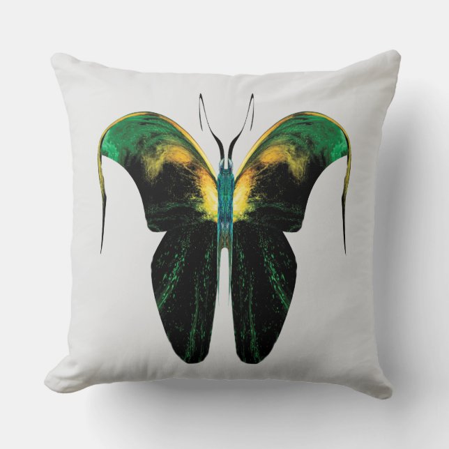 Emerald Flame Butterfly – Surreal Nature Form Throw Pillow (Front)