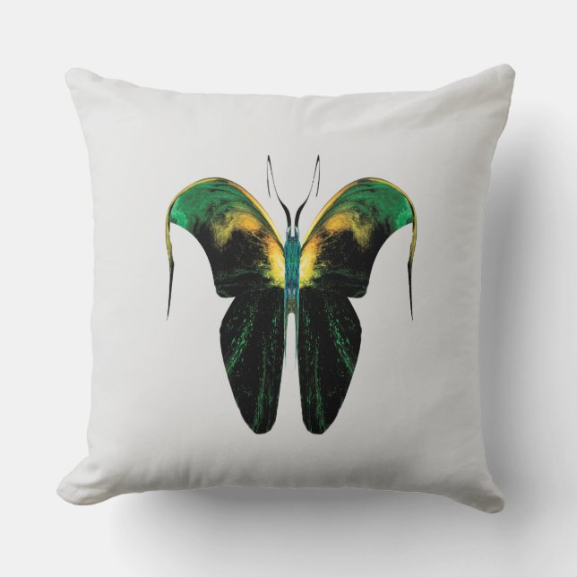 Emerald Flame Butterfly – Surreal Nature Form Throw Pillow (Front)