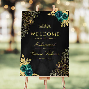 Emerald Floral Black Muslim Wedding Welcome Sign