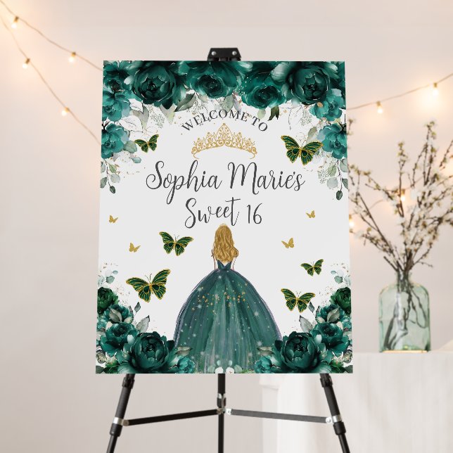 Emerald Floral Blonde Quinceañera Sweet 16 Dress Foam Board (In Situ (Stand))