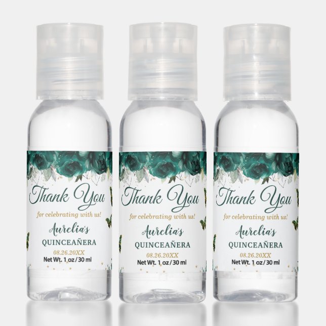 Emerald Floral Butterflies Quinceañera Birthday 16 Hand Sanitizer (Set)
