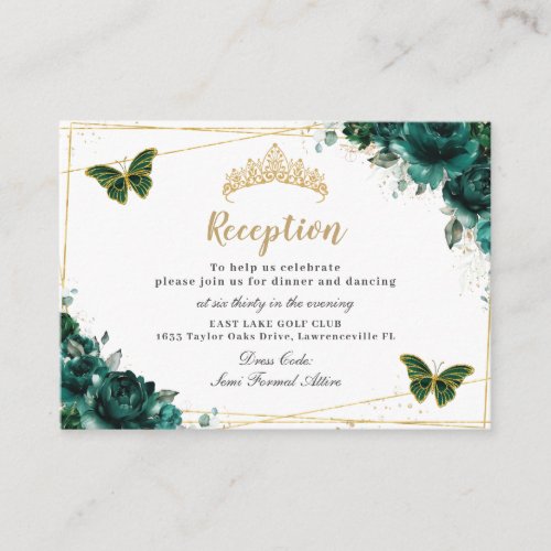 Emerald Floral Butterflies Quinceaera Reception Enclosure Card