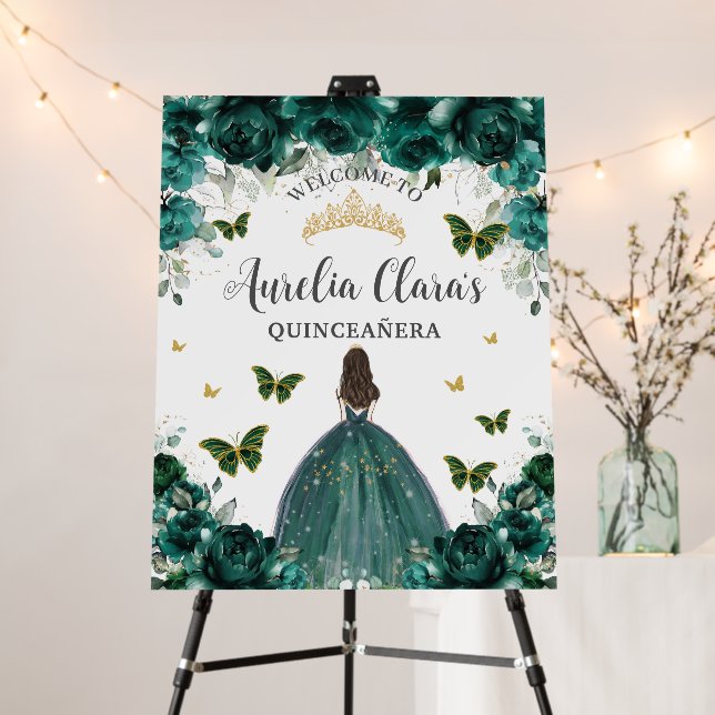 Emerald Floral Butterflies Quinceañera Sweet 16 Foam Board (In Situ (Stand))