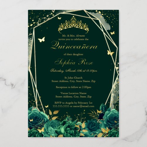 Emerald Floral Butterfly Tiara Quinceanera Foil Invitation