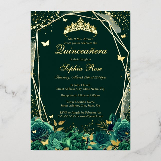 Emerald Floral Butterfly Tiara Quinceanera Foil Invitation (Front)