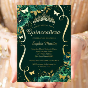 Emerald Floral Butterfly Tiara Quinceanera Foil Invitation