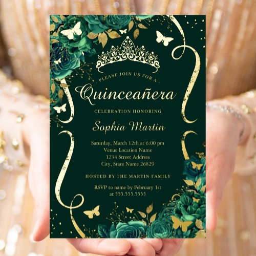 Emerald Floral Butterfly Tiara Quinceanera  Foil Invitation