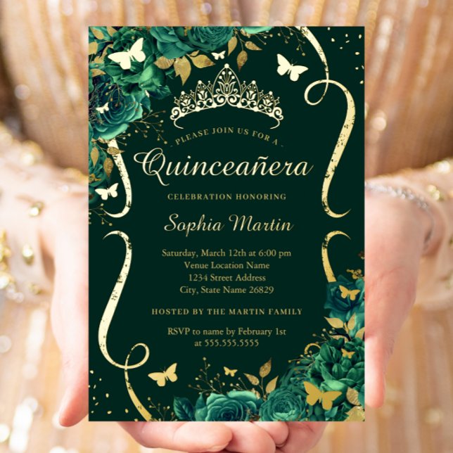 Emerald Floral Butterfly Tiara Quinceanera  Foil Invitation (Creator Uploaded)