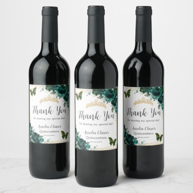 Emerald Floral Gold Butterflies Quinceañera Favor  Wine Label (Bottles)