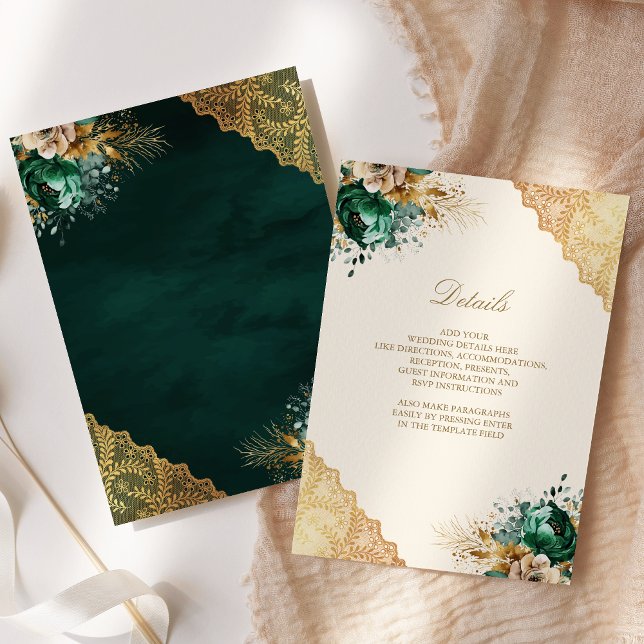 Emerald Floral Gold Lace Muslim Wedding Details Enclosure Card (Creator Uploaded)