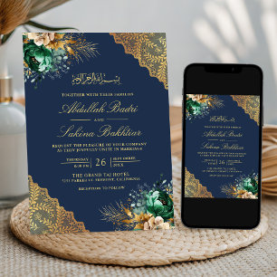 Emerald Floral Gold Lace Navy Blue Muslim Wedding Invitation