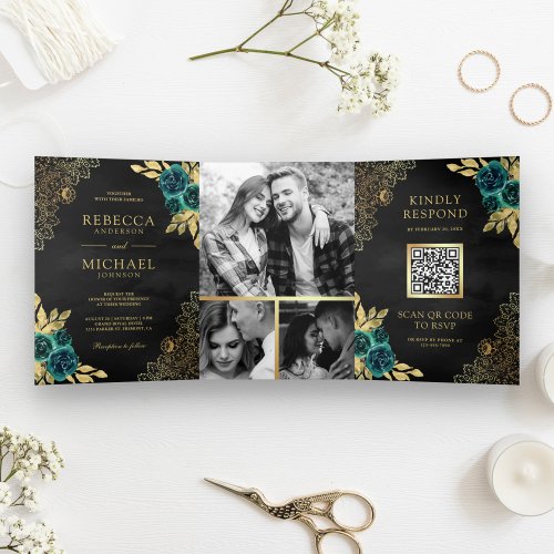 Emerald Floral Gold Lace QR Code Black Wedding Tri_Fold Invitation