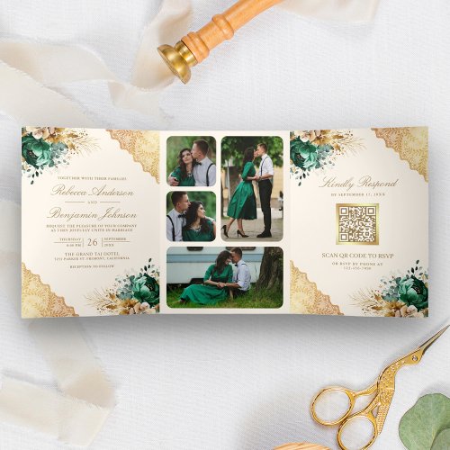 Emerald Floral Gold Lace QR code Cream Wedding Tri_Fold Invitation