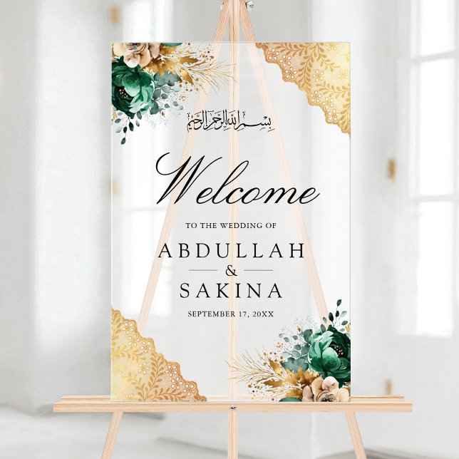 Emerald Floral Gold Muslim Wedding Welcome Frosted Acrylic Sign (Creator Uploaded)