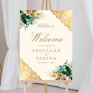 Emerald Floral Gold Muslim Wedding Welcome Sign