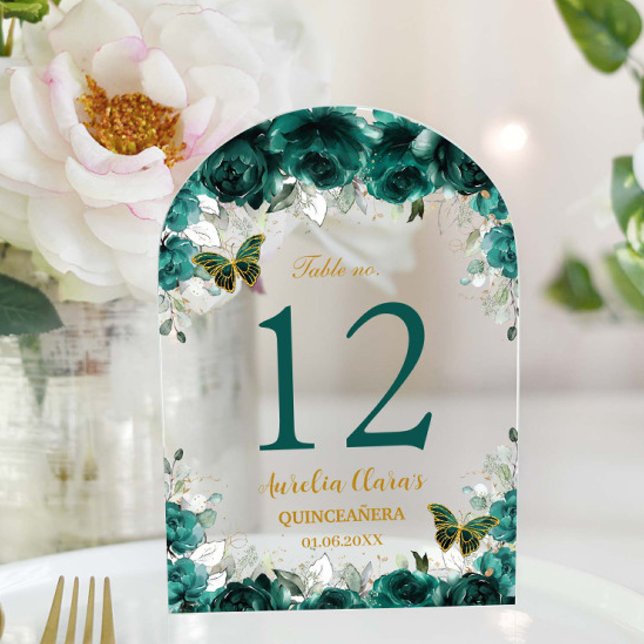 Emerald Floral Gold Quinceañera XV 16 Table Number (Creator Uploaded)