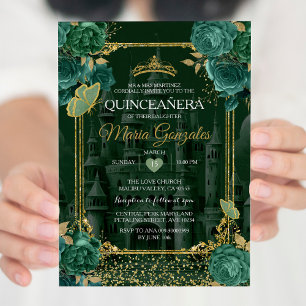 Emerald Floral Green Quinceañera Butterfly  Invitation