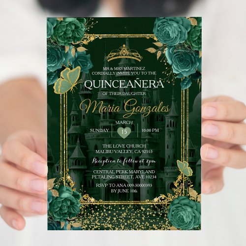 Emerald Floral Green Quinceaera Butterfly  Invitation