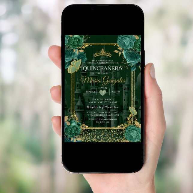 Emerald Floral Green Quinceañera Butterfly  Invitation (Front Digital)