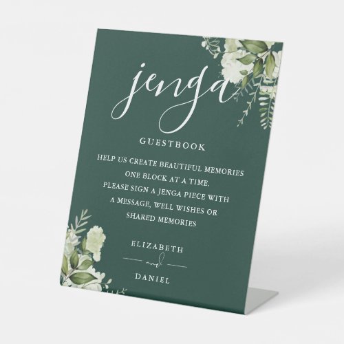 Emerald Floral Greenery Jenga Wedding Guestbook Pedestal Sign