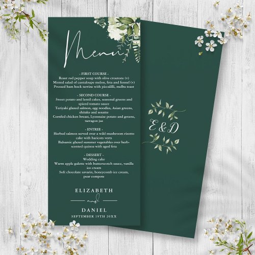 Emerald Floral Greenery Monogram Wedding Dinner Menu