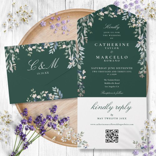 Emerald Floral Greenery QR Code Wedding All In One Invitation