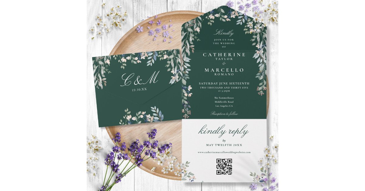 Emerald Floral Greenery QR Code Wedding All In One Invitation | Zazzle