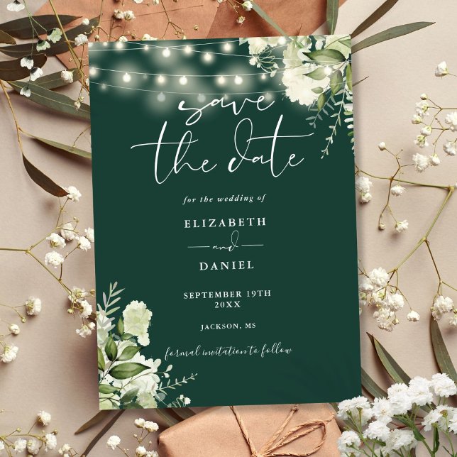 Emerald Floral Greenery String Lights Wedding Save The Date (Emerald Floral Greenery String Lights Wedding Save The Date)
