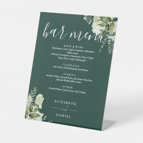 Emerald Floral Greenery Wedding Bar Menu Pedestal Sign