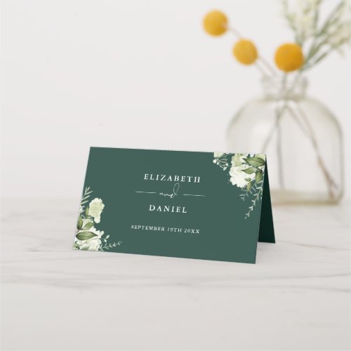 Emerald Floral Greenery Wedding Folded Place Card