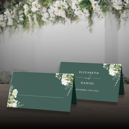 Emerald Floral Greenery Wedding Folded Place Card