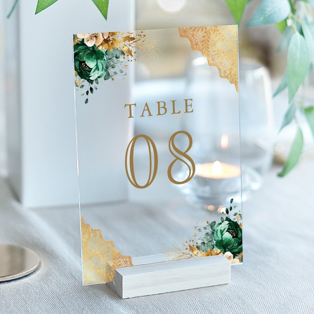 Emerald Floral Lace Wedding Acrylic Table Number (Creator Uploaded)
